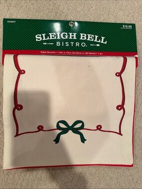 Cream and Red Holiday Table Runner with Green Bow